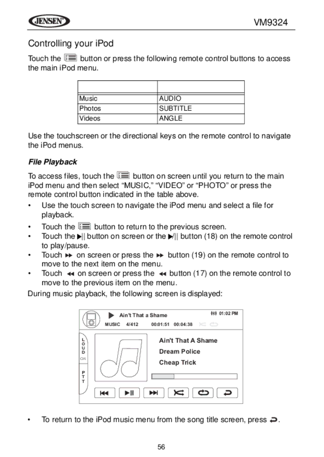 Jensen VM9324 manual Controlling your iPod, File Playback 