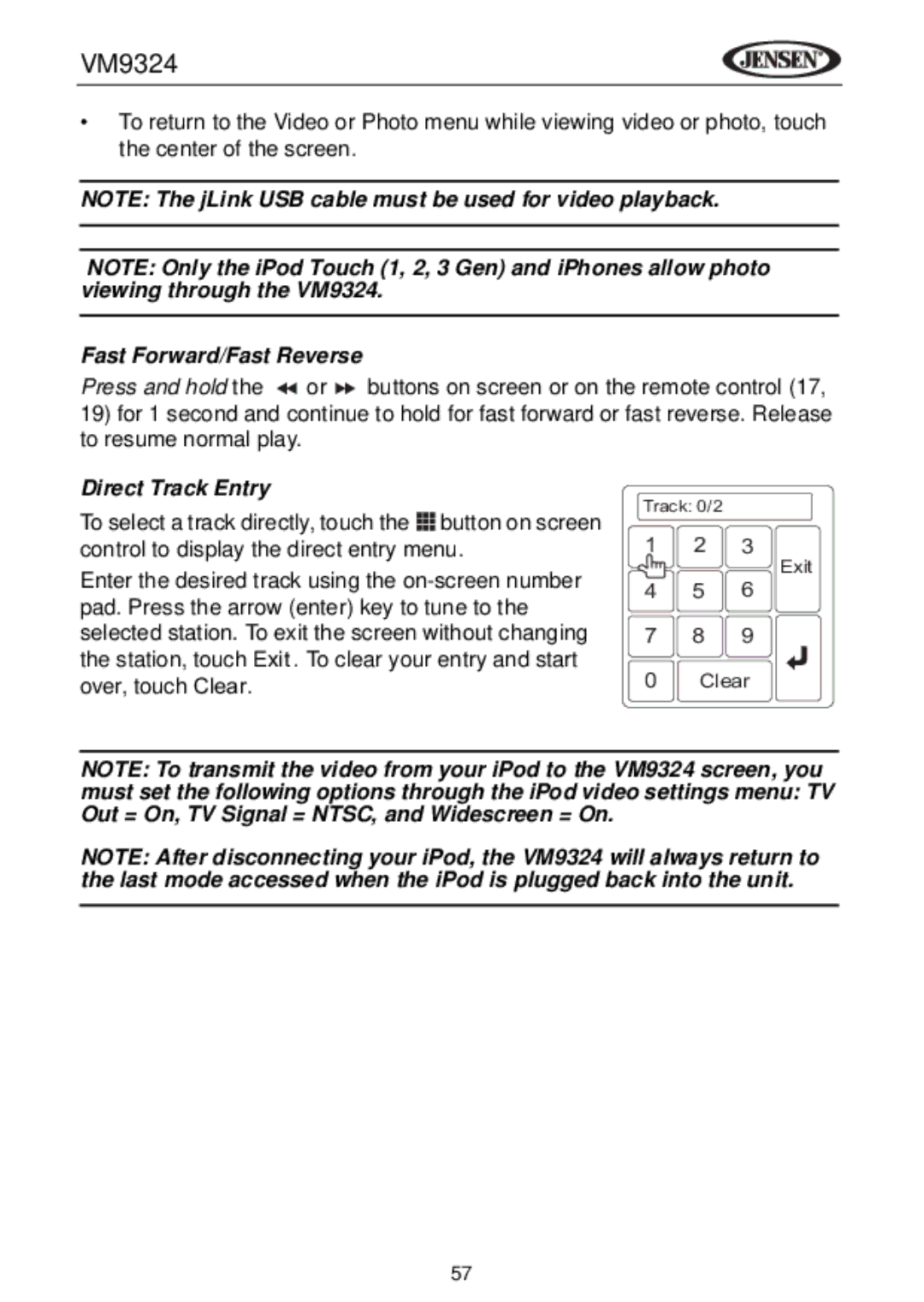 Jensen VM9324 manual Fast Forward/Fast Reverse, Direct Track Entry 