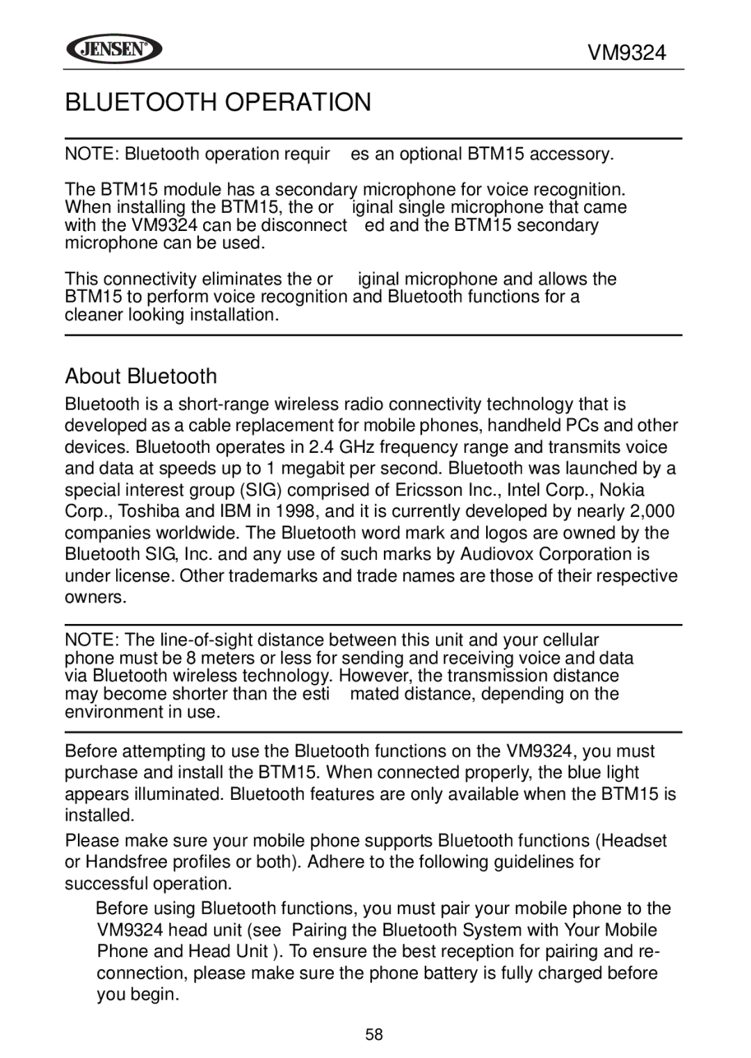 Jensen VM9324 manual Bluetooth Operation, About Bluetooth 