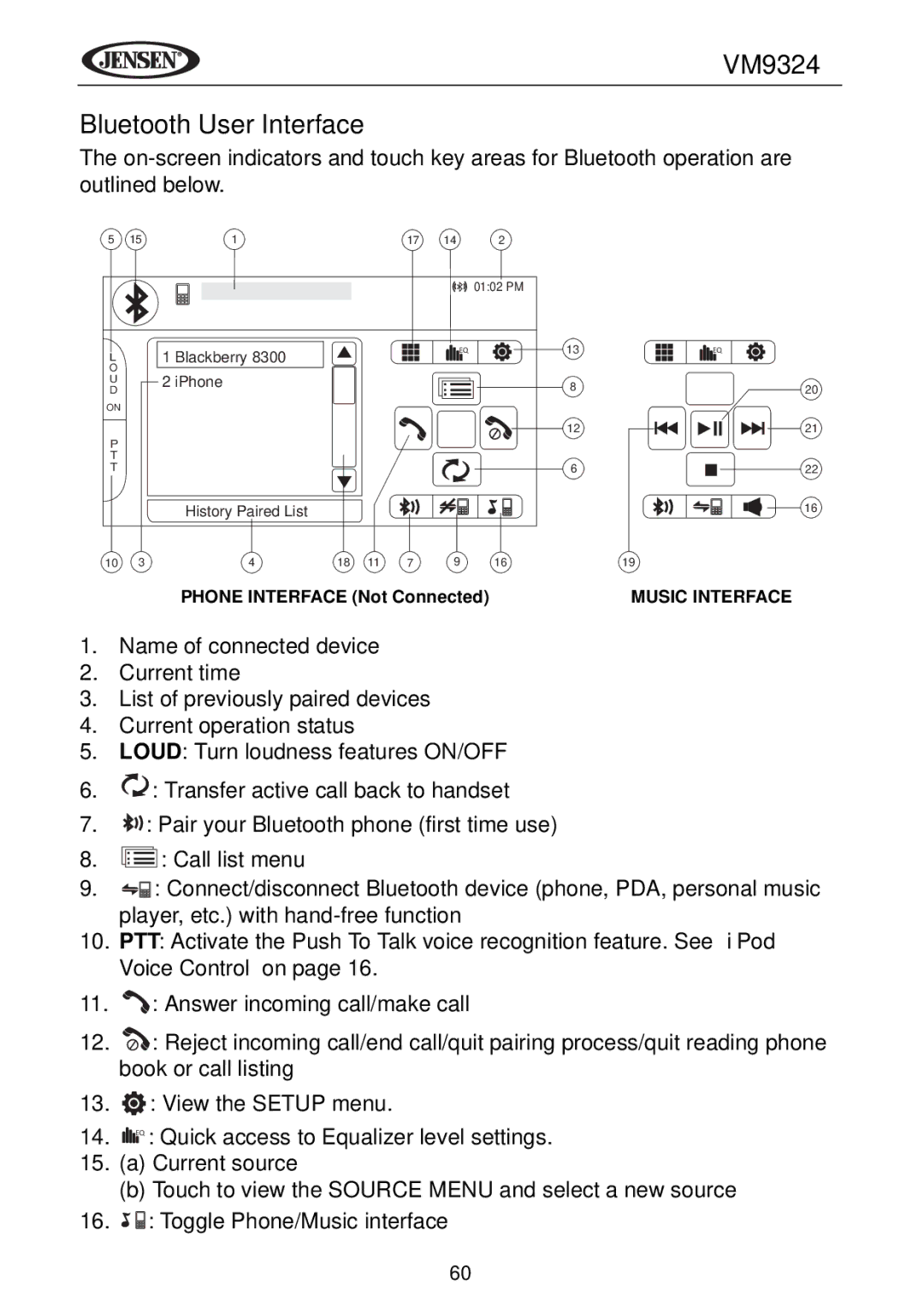 Jensen VM9324 manual Bluetooth User Interface 