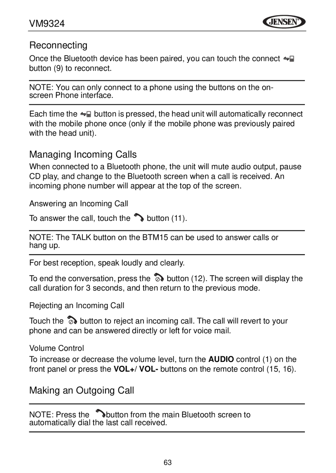 Jensen VM9324 manual Reconnecting, Managing Incoming Calls, Making an Outgoing Call 