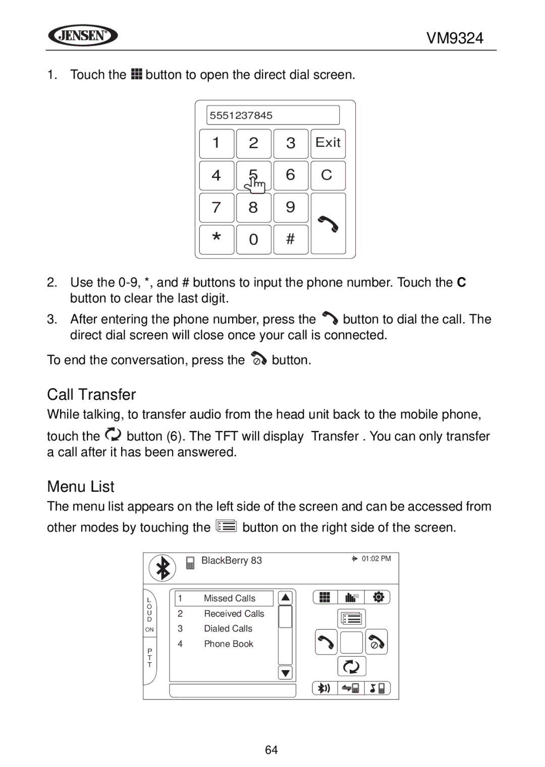 Jensen VM9324 manual Call Transfer, Menu List 