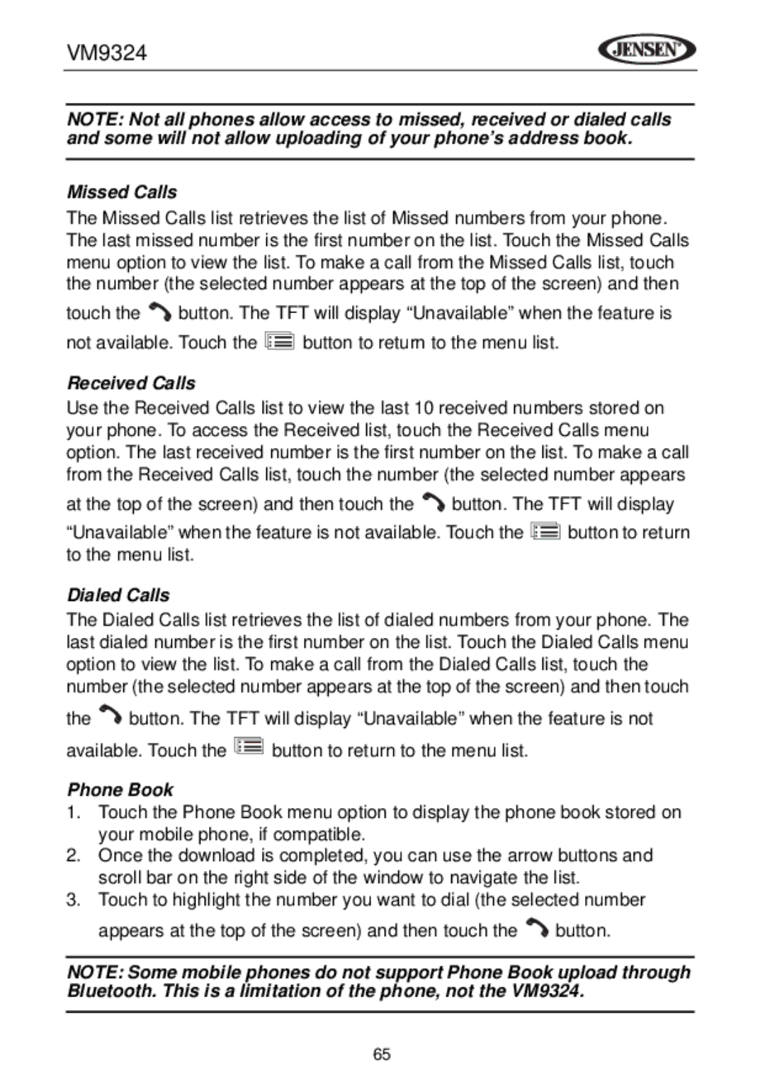 Jensen VM9324 manual Missed Calls, Received Calls, Dialed Calls, Phone Book 