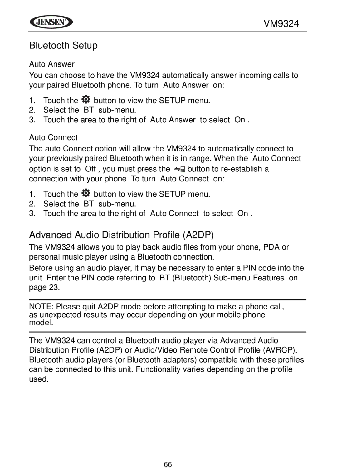 Jensen VM9324 manual Bluetooth Setup, Advanced Audio Distribution Profile A2DP, Auto Answer, Auto Connect 