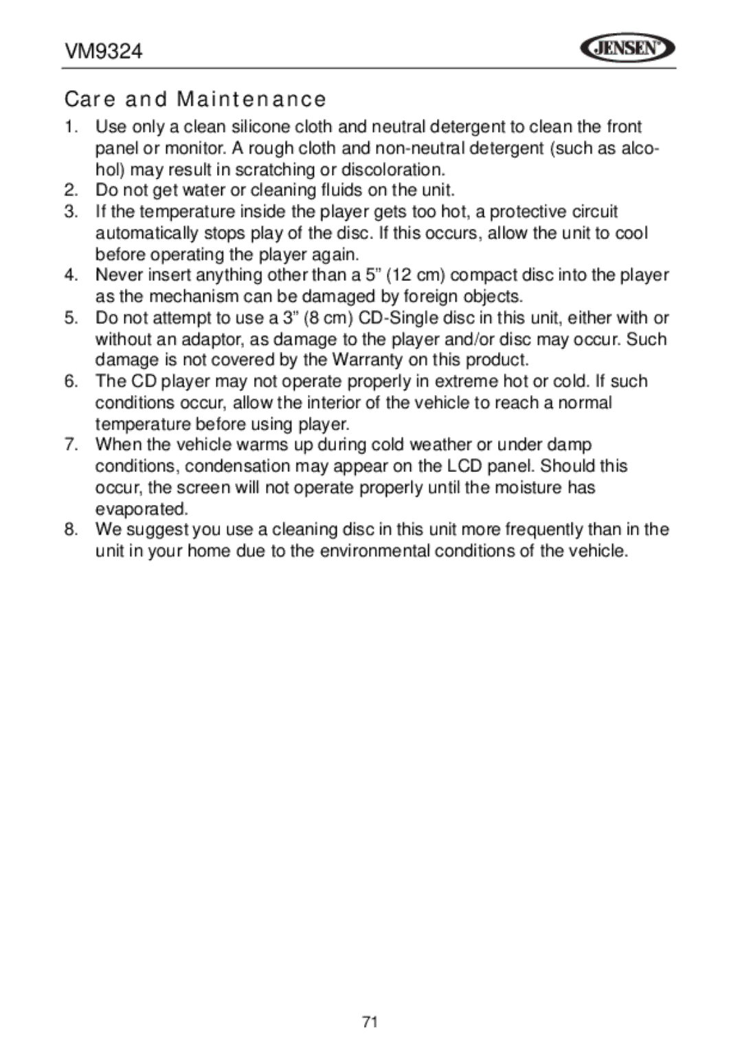 Jensen VM9324 manual Care and Maintenance 