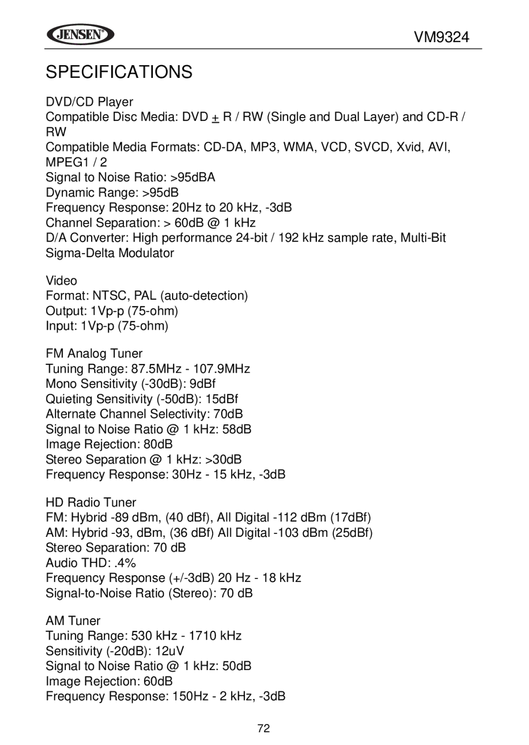 Jensen VM9324 manual Specifications 