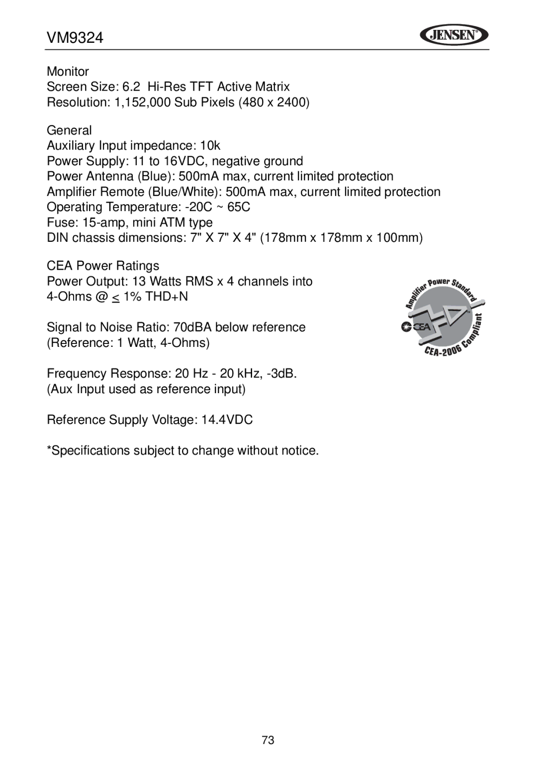 Jensen VM9324 manual Monitor, CEA Power Ratings 