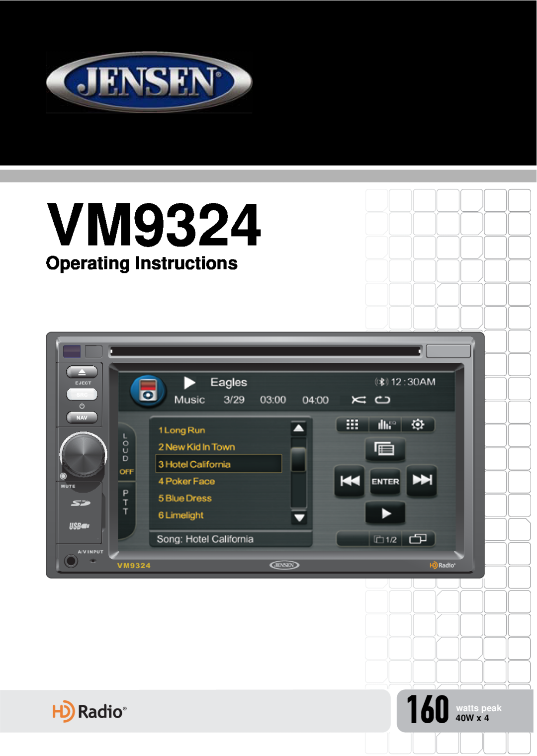 Jensen VM9324 manual Operating Instructions, watts peak, 40W, Eject Mute A/V Input 