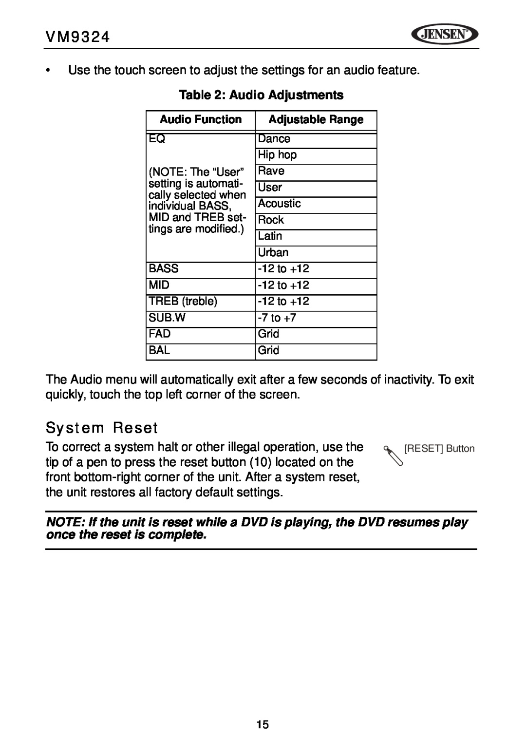 Jensen VM9324 manual System Reset, Audio Adjustments 