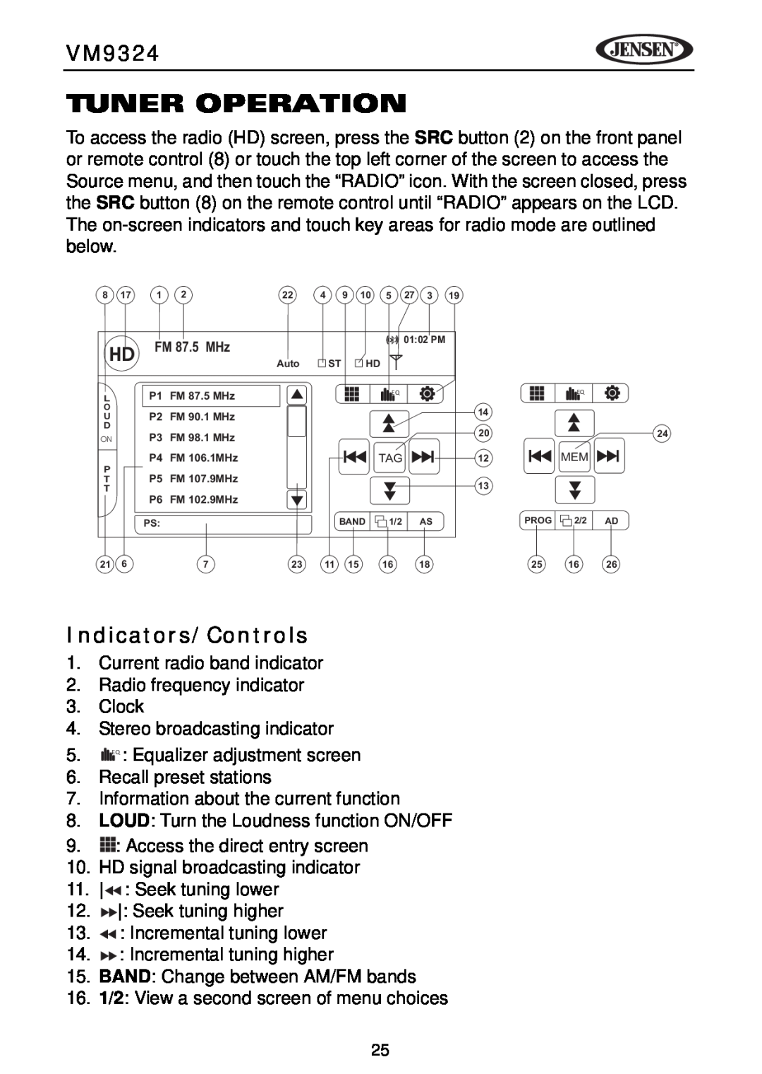 Jensen VM9324 manual Tuner Operation, Indicators/Controls 