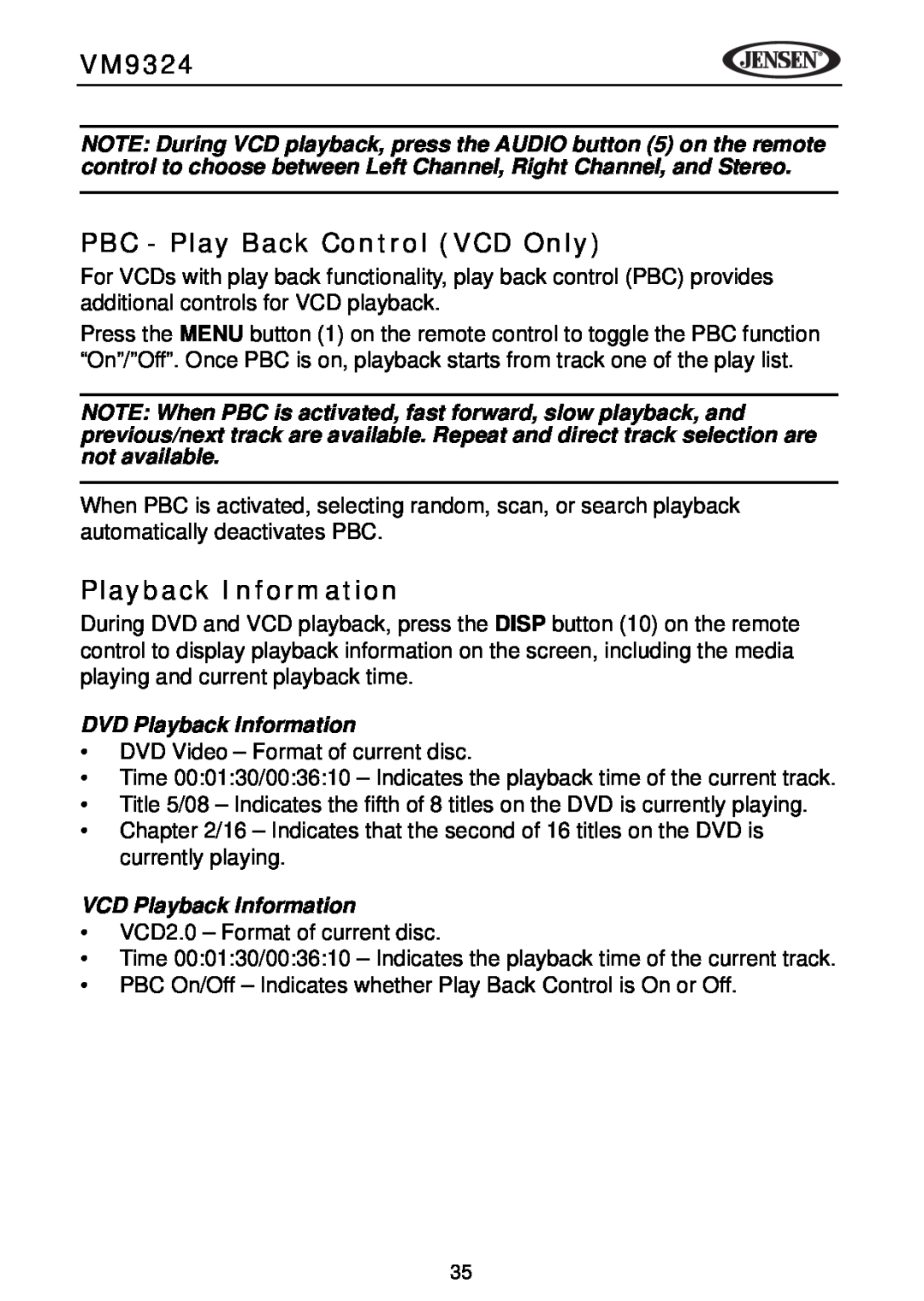 Jensen VM9324 manual PBC - Play Back Control VCD Only, DVD Playback Information, VCD Playback Information 