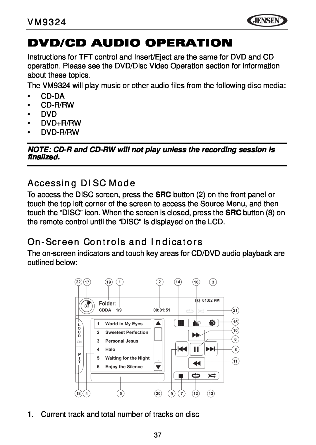 Jensen VM9324 manual Dvd/Cd Audio Operation, Accessing DISC Mode, On-ScreenControls and Indicators 