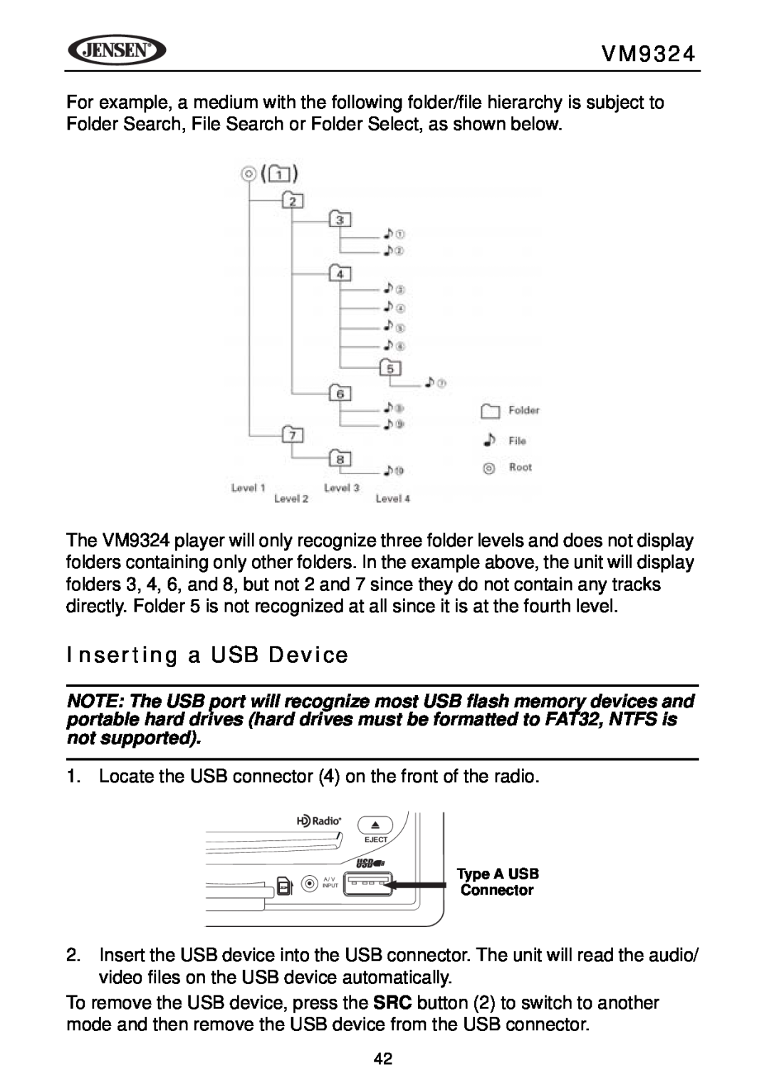 Jensen VM9324 manual Inserting a USB Device, Type A USB Connector 