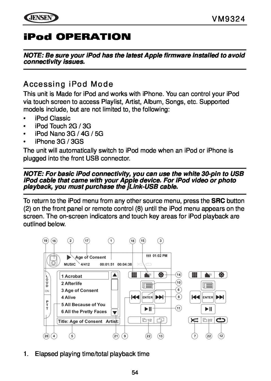 Jensen VM9324 manual iPod OPERATION, Accessing iPod Mode 