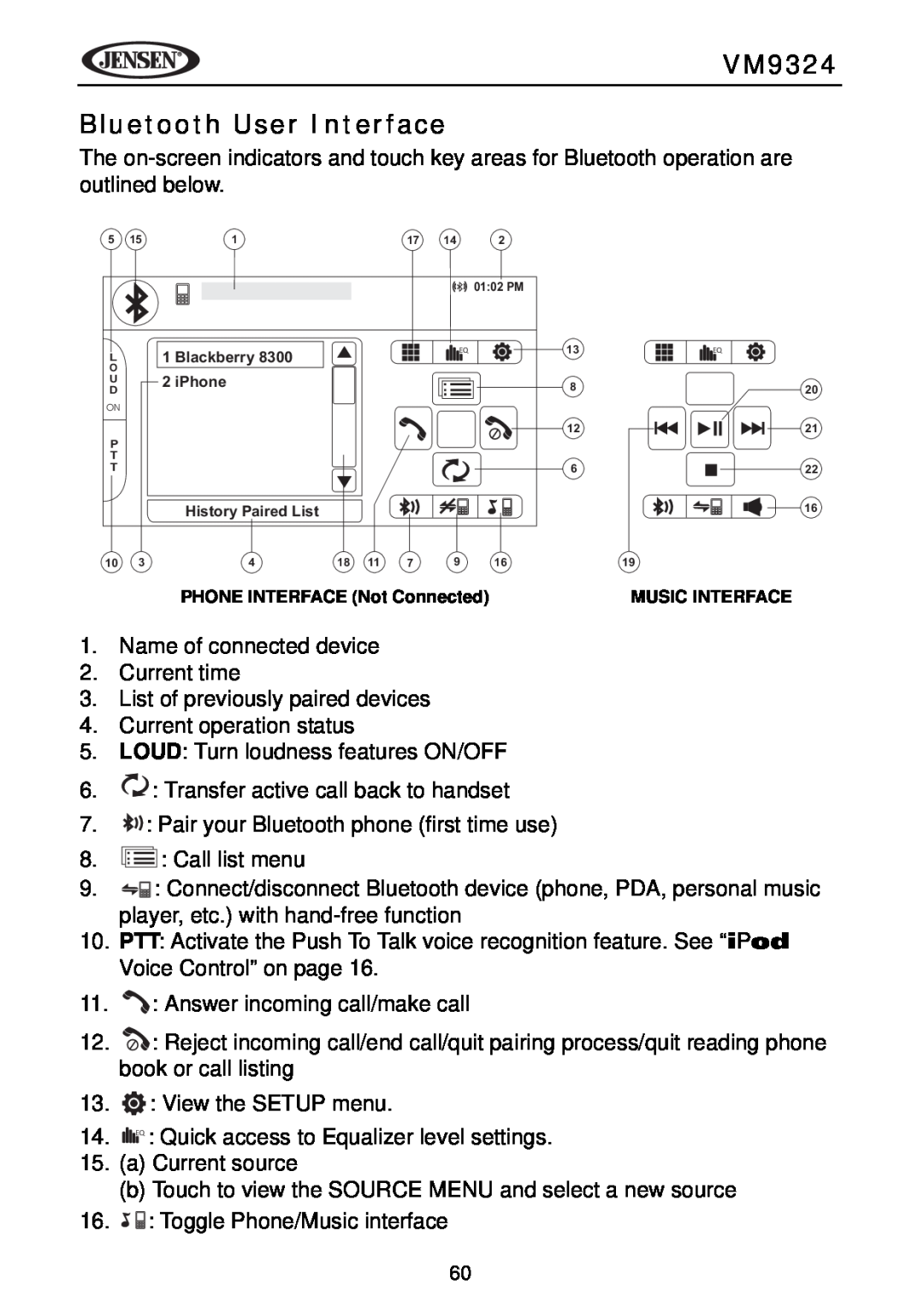 Jensen VM9324 manual Bluetooth User Interface 