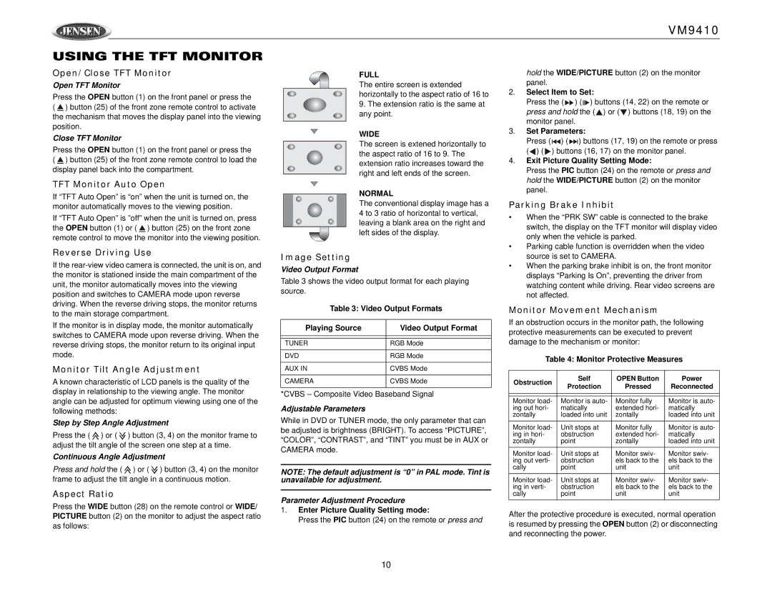 Jensen VM9410 owner manual Using the TFT Monitor 