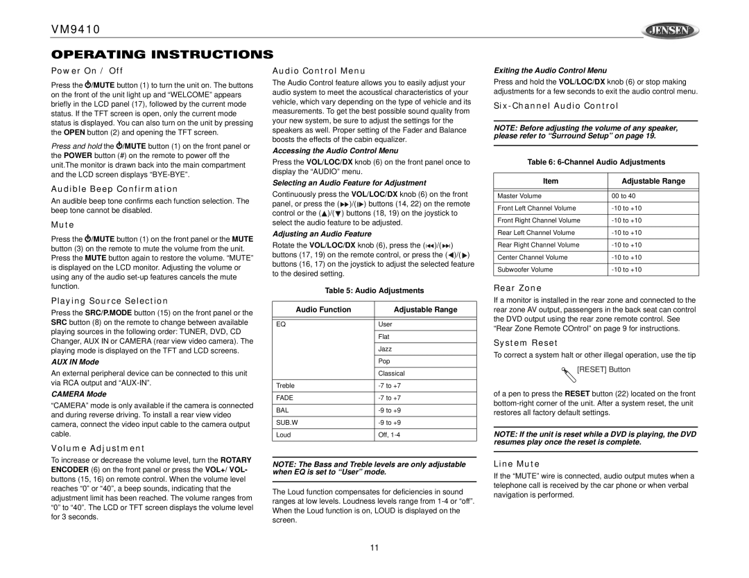 Jensen VM9410 owner manual Operating Instructions 