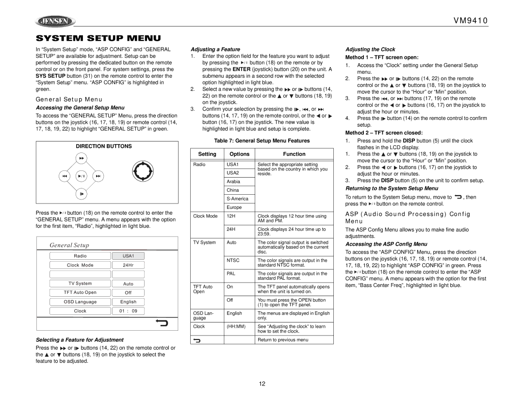 Jensen VM9410 owner manual System Setup Menu, General Setup Menu, ASP Audio Sound Processing Config Menu 