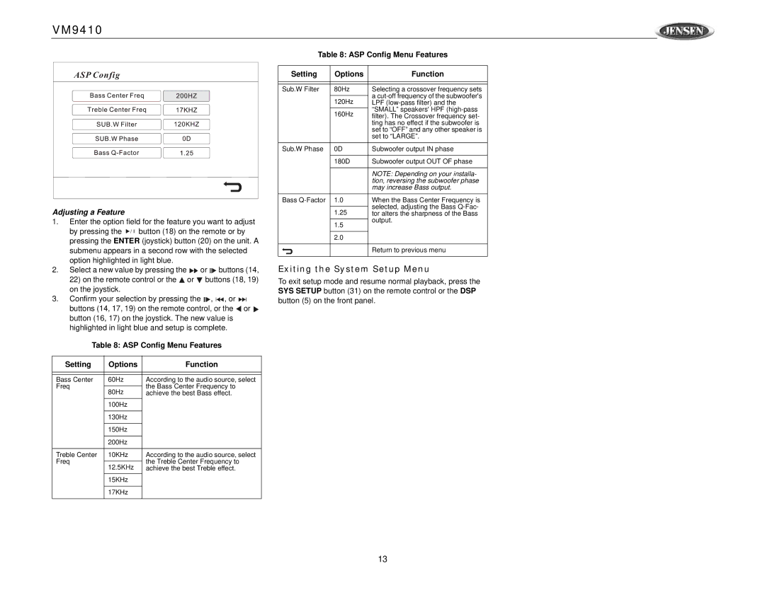 Jensen VM9410 owner manual Exiting the System Setup Menu, ASP Config Menu Features Setting Options Function 