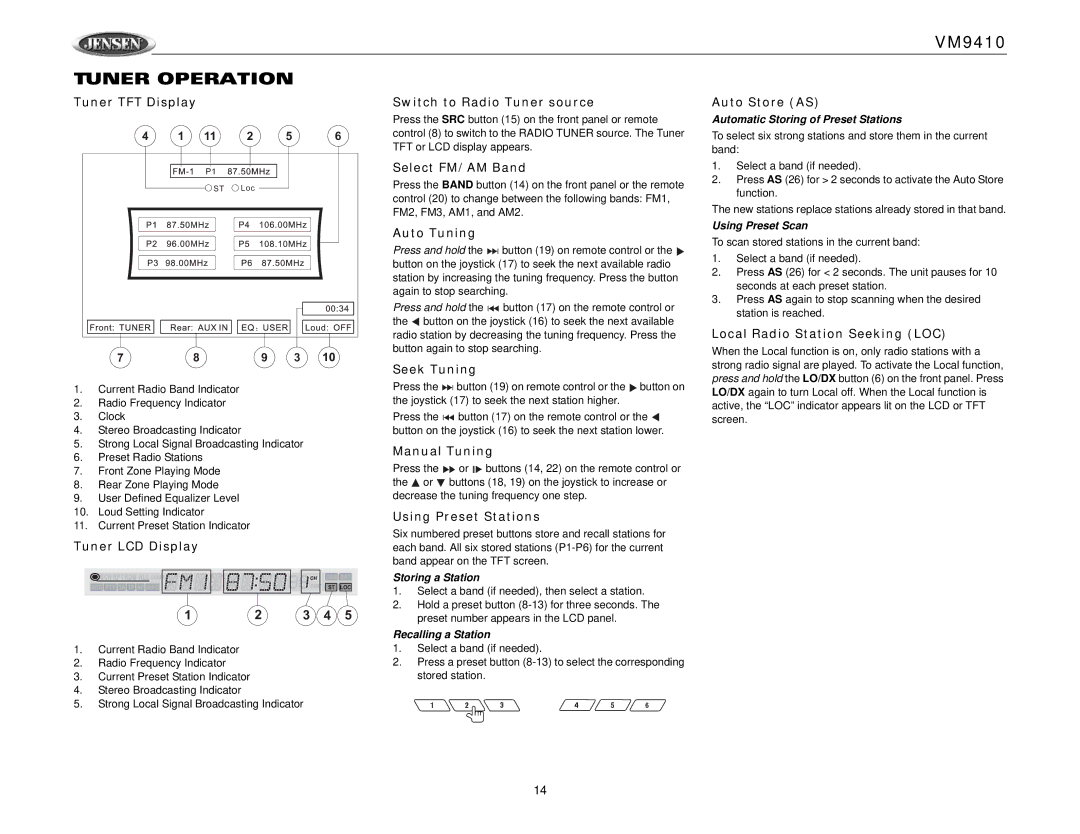 Jensen VM9410 owner manual Tuner Operation 