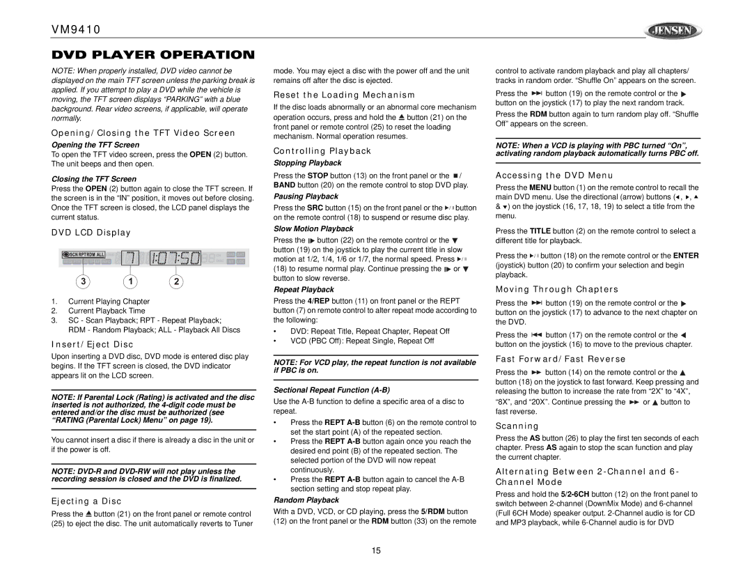 Jensen VM9410 owner manual DVD Player Operation 