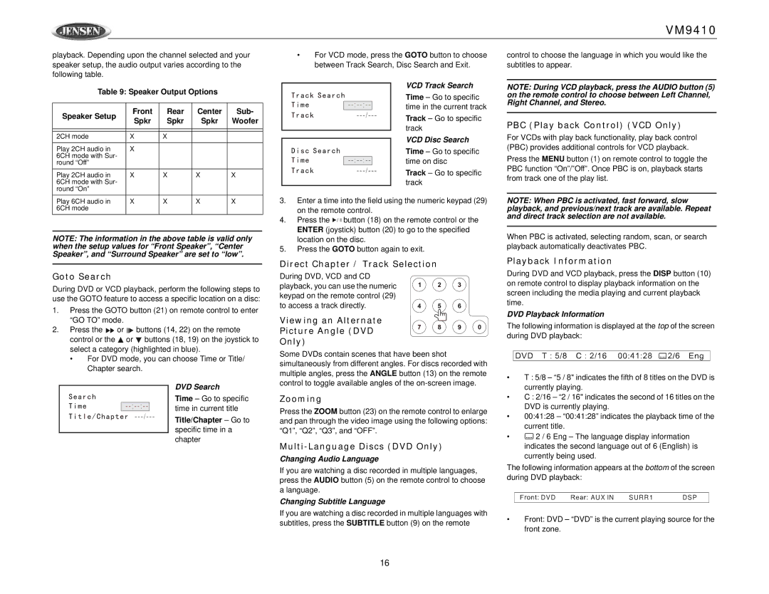 Jensen VM9410 Goto Search, Direct Chapter / Track Selection, Viewing an Alternate Picture Angle DVD Only, Zooming 