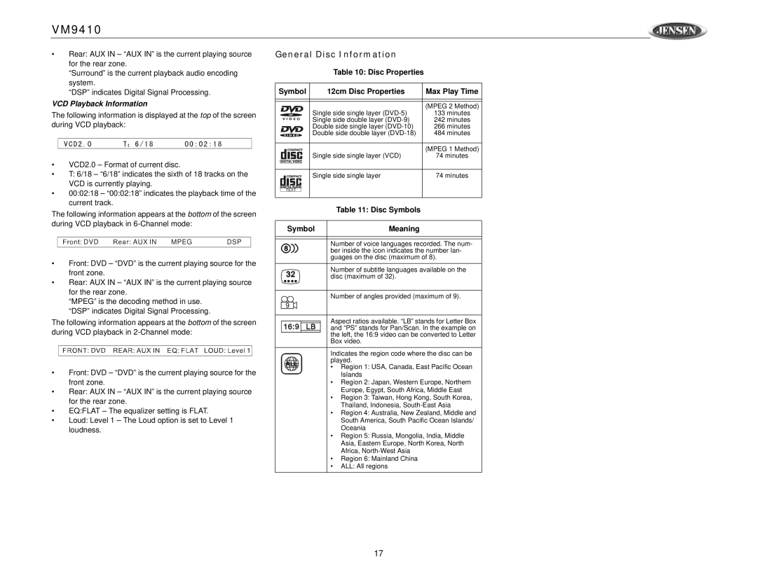 Jensen VM9410 owner manual General Disc Information, VCD Playback Information, Disc Symbols, Symbol Meaning 