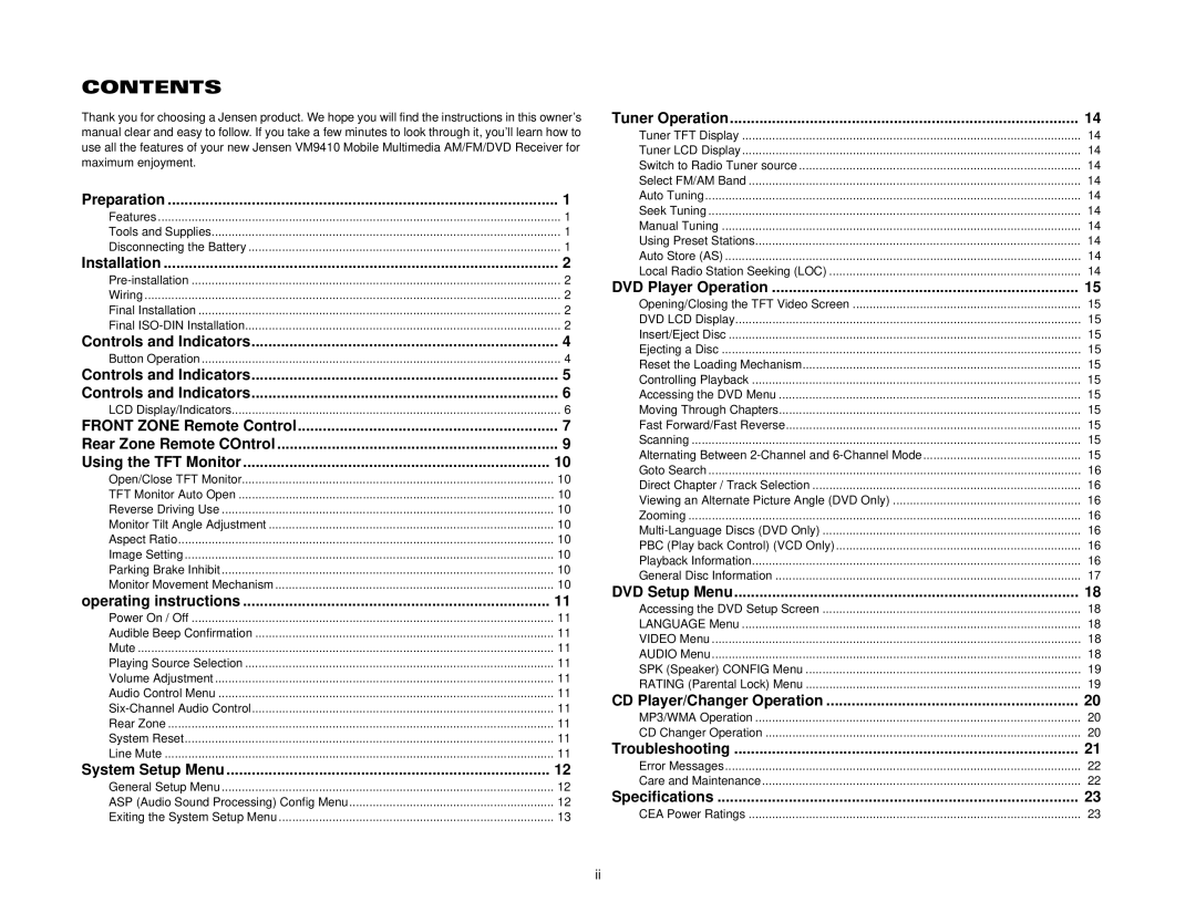 Jensen VM9410 owner manual Contents 