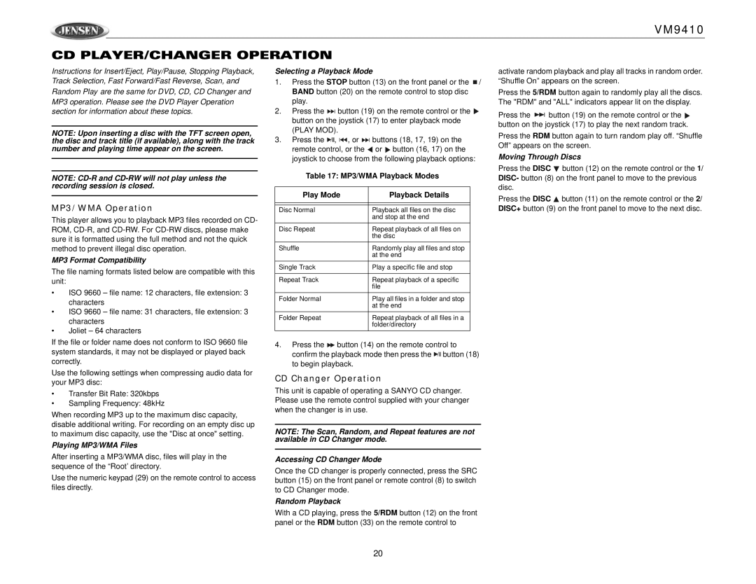 Jensen VM9410 owner manual CD PLAYER/CHANGER Operation, MP3/WMA Operation, CD Changer Operation 