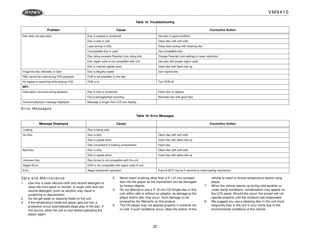 Jensen VM9410 owner manual Error Messages, Care and Maintenance, Message Displayed Cause Corrective Action 