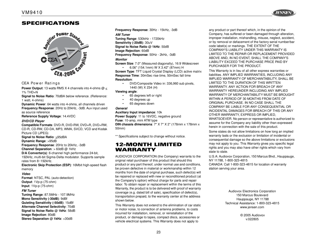 Jensen VM9410 owner manual Specifications, Month Limited Warranty, CEA Power Ratings 