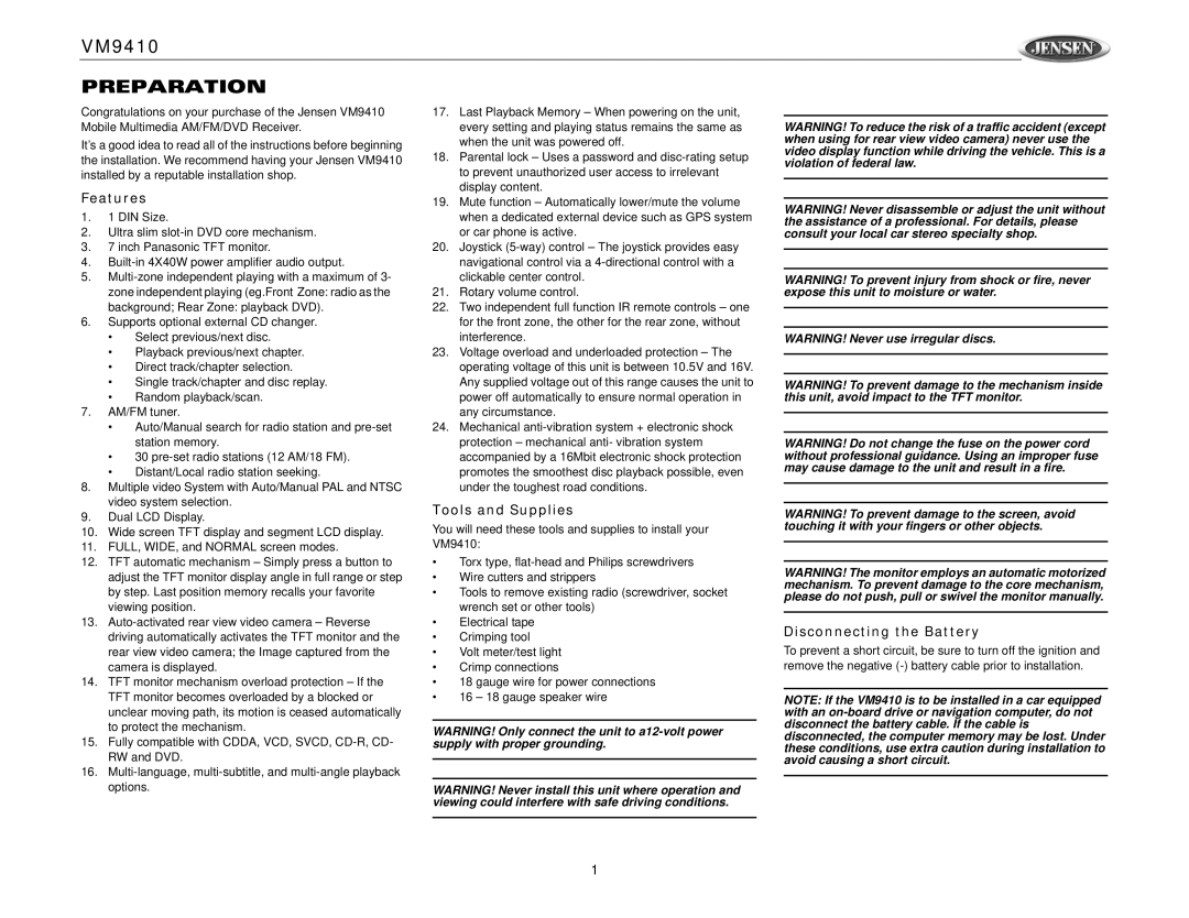 Jensen VM9410 owner manual Preparation, Features, Tools and Supplies, Disconnecting the Battery 