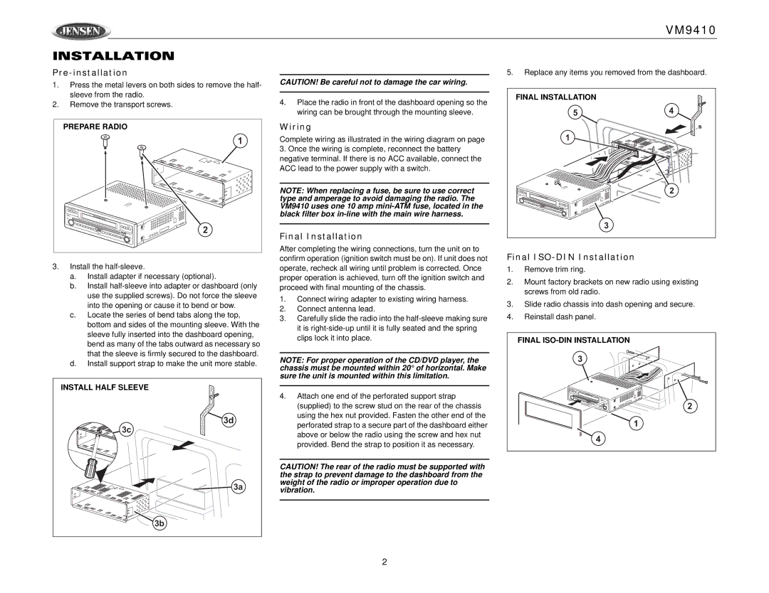 Jensen VM9410 owner manual Pre-installation, Wiring, Final Installation, Final ISO-DIN Installation 