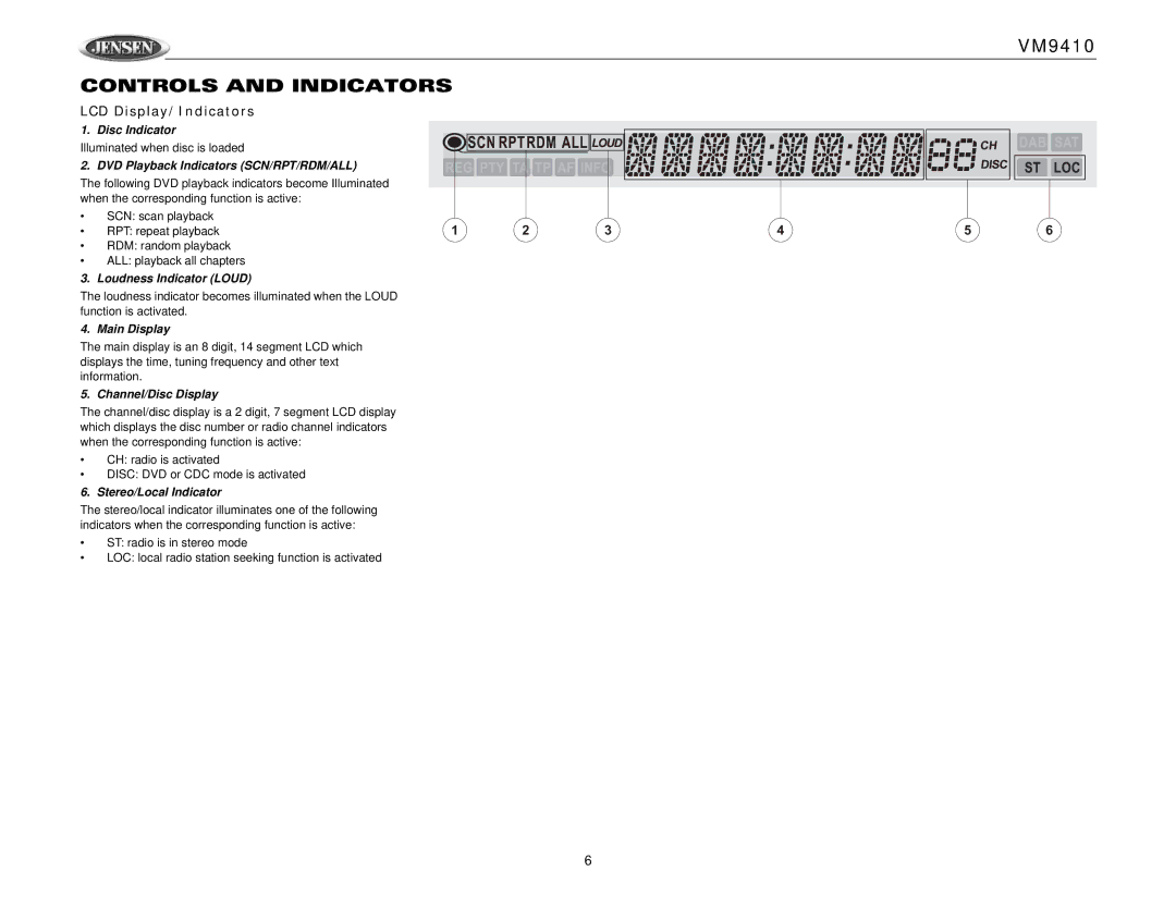 Jensen VM9410 owner manual LCD Display/Indicators 