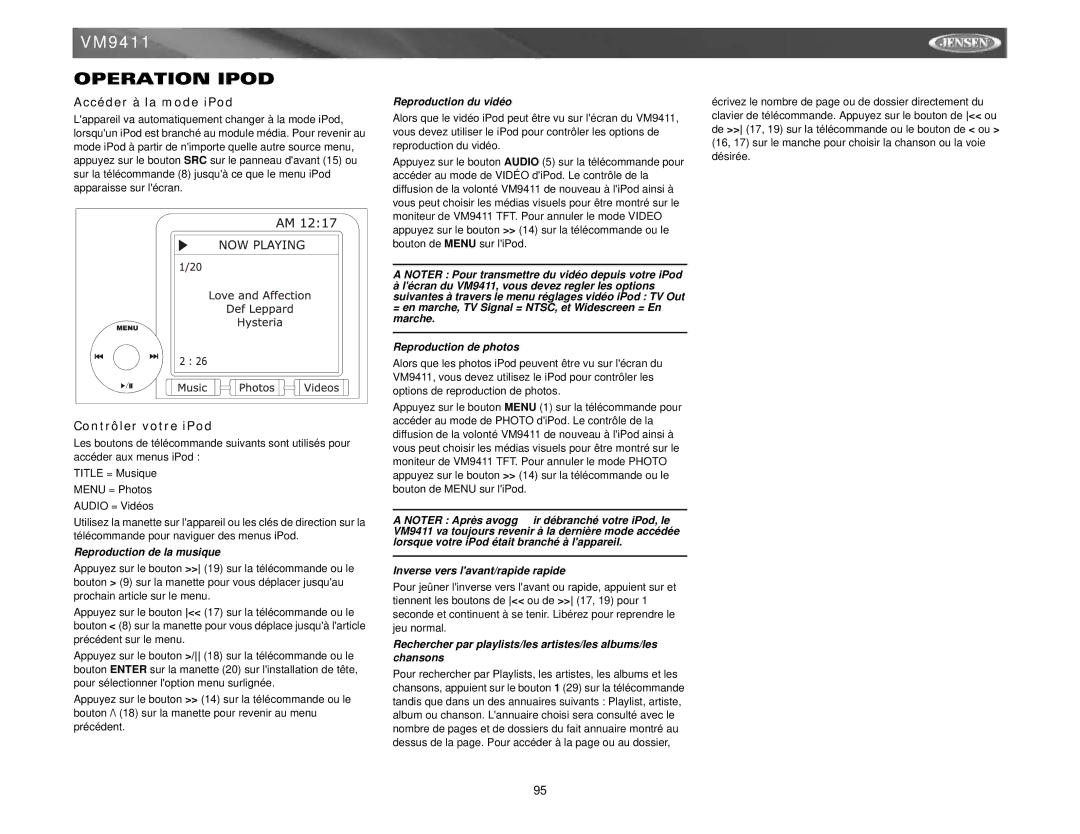 Jensen VM9411 instruction manual Operation Ipod, Accéder à la mode iPod, Contrôler votre iPod 