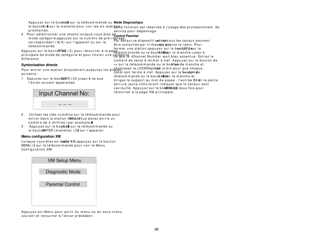 Jensen VM9411 instruction manual Syntonisation directe, Menu configuration XM, Mode Diagnostique 