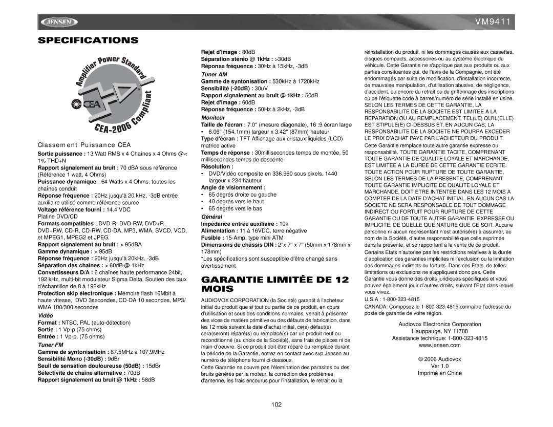 Jensen VM9411 instruction manual Garantie Limitée DE 12 Mois, Classement Puissance CEA 