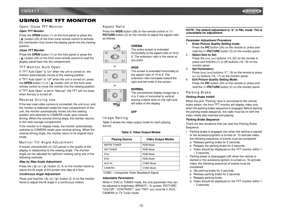 Jensen VM9411 instruction manual Using the TFT Monitor 