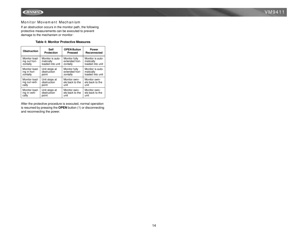 Jensen VM9411 instruction manual Monitor Movement Mechanism, Monitor Protective Measures 