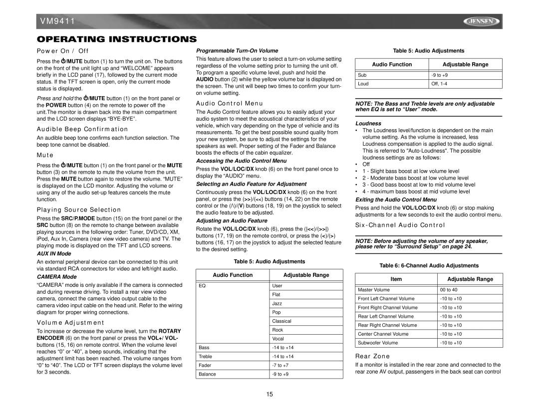 Jensen VM9411 instruction manual Operating Instructions 