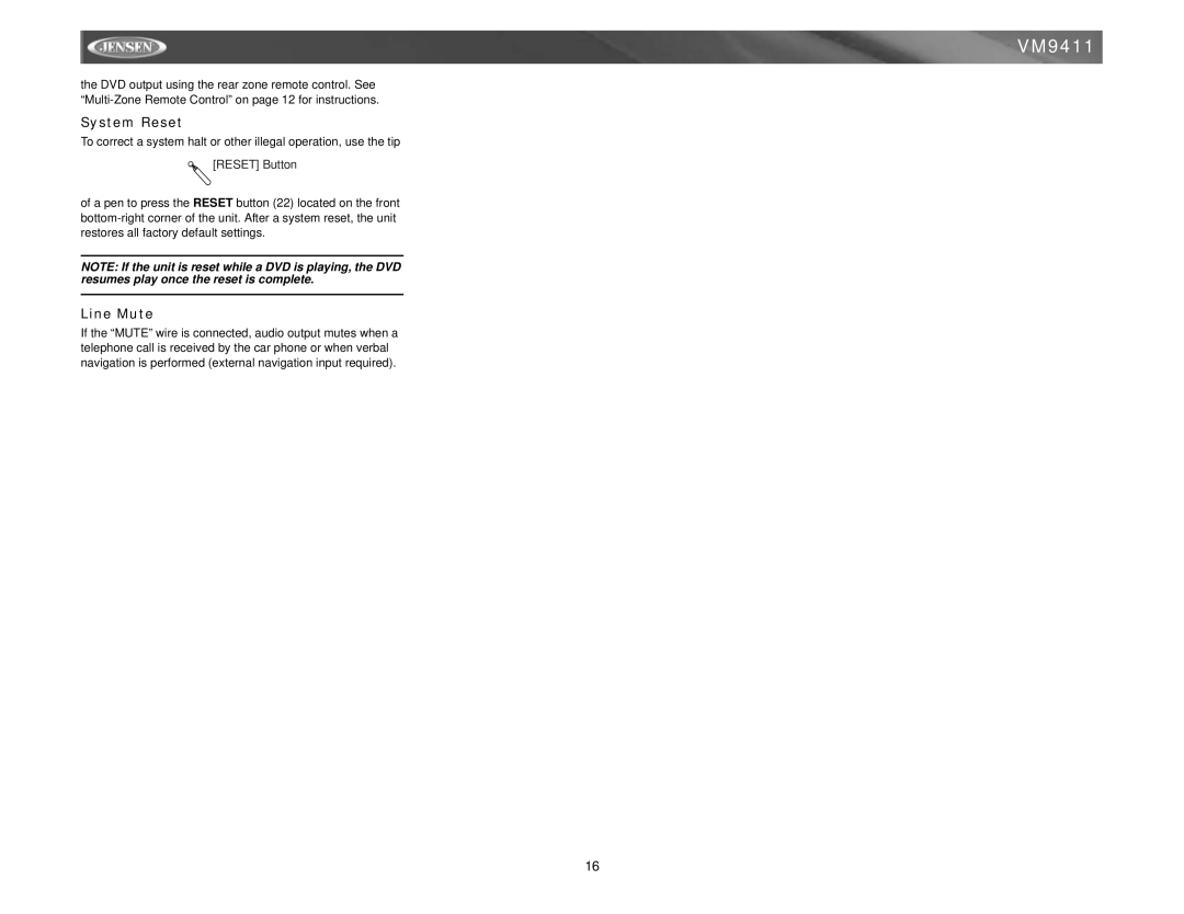Jensen VM9411 instruction manual System Reset, Line Mute 