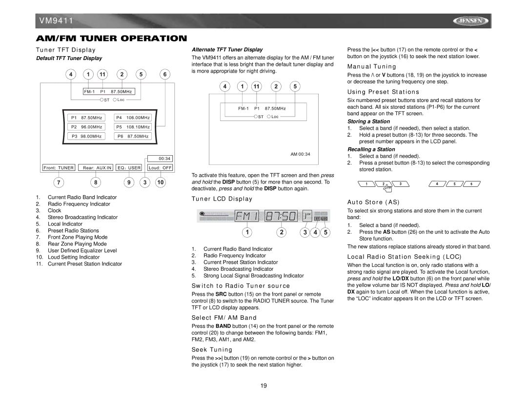 Jensen VM9411 instruction manual AM/FM Tuner Operation 