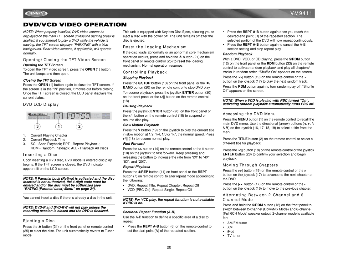 Jensen VM9411 instruction manual DVD/VCD Video Operation 