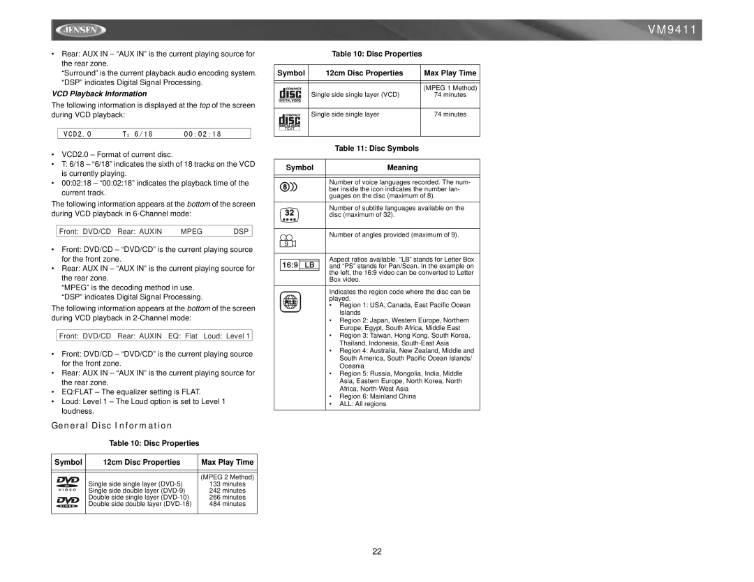 Jensen VM9411 General Disc Information, VCD Playback Information, Disc Properties Symbol 12cm Disc Properties 