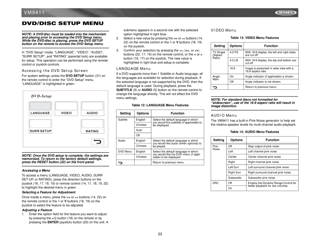 Jensen VM9411 instruction manual DVD/DISC Setup Menu, Accessing the DVD Setup Screen, Language Menu, Video Menu, Audio Menu 