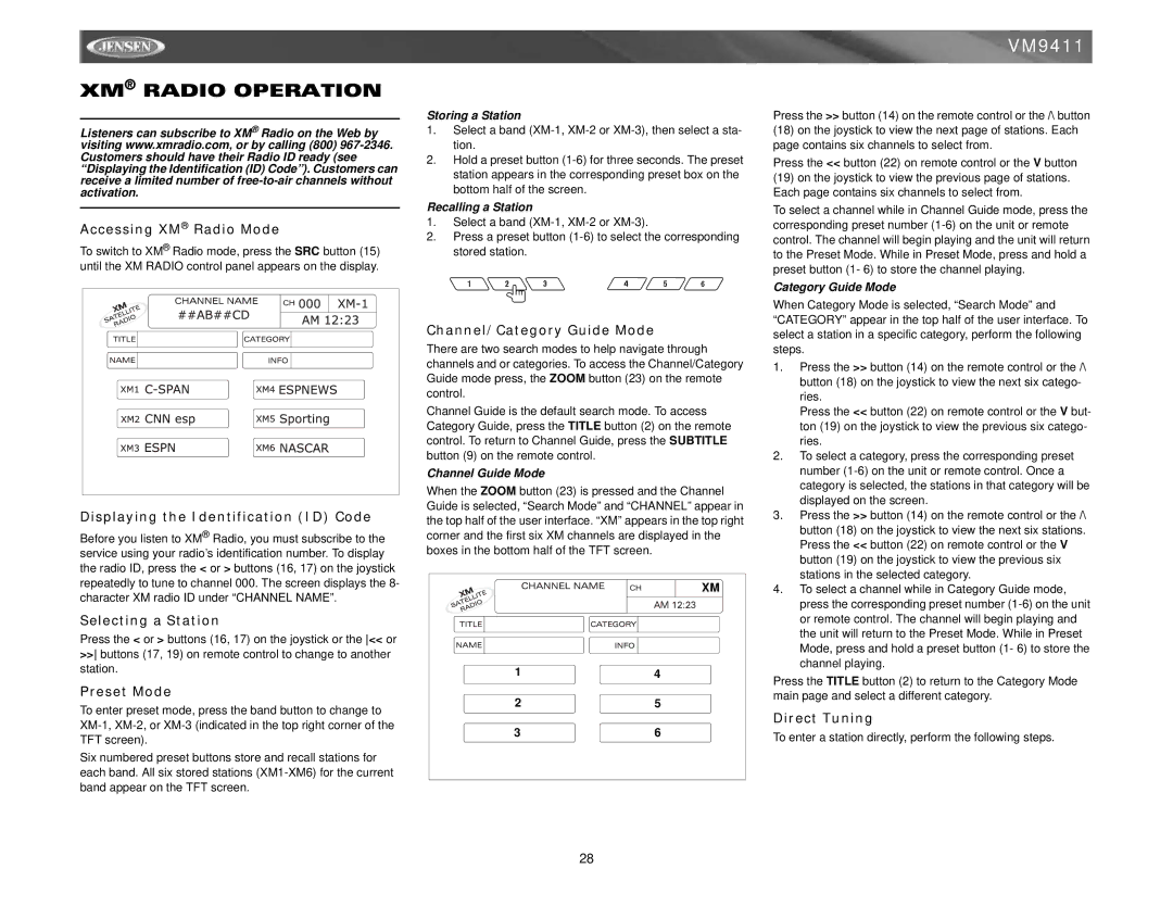 Jensen VM9411 instruction manual XM Radio Operation 