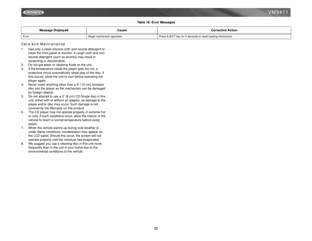 Jensen VM9411 instruction manual Care and Maintenance 