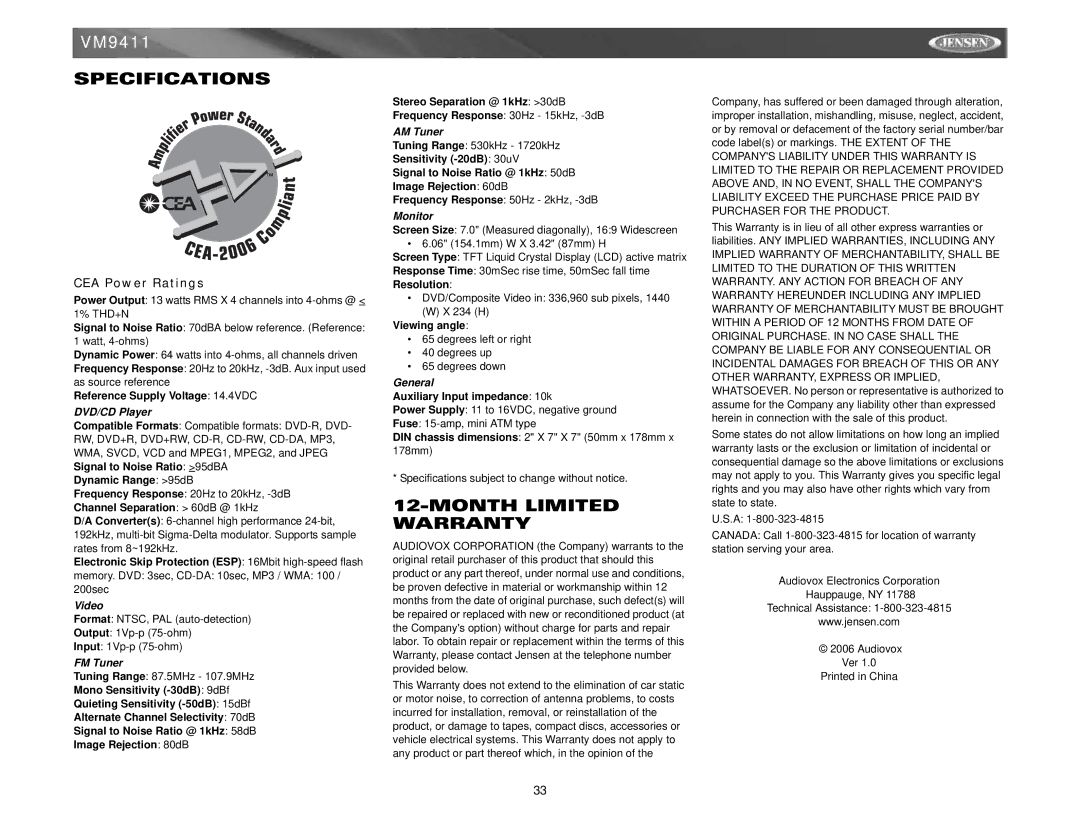 Jensen VM9411 instruction manual Specifications, Month Limited Warranty, CEA Power Ratings 