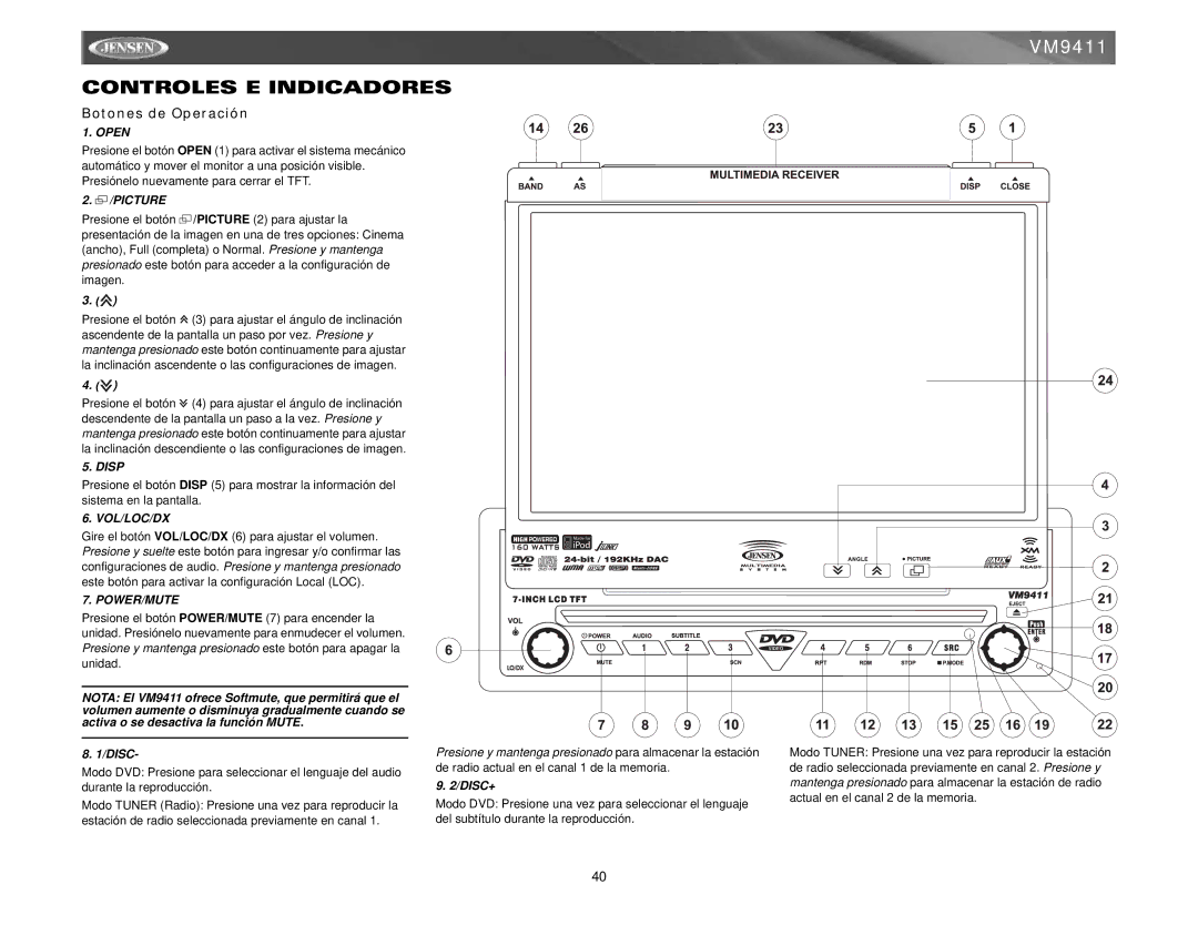 Jensen VM9411 instruction manual Controles E Indicadores, Botones de Operación, Disc+ 