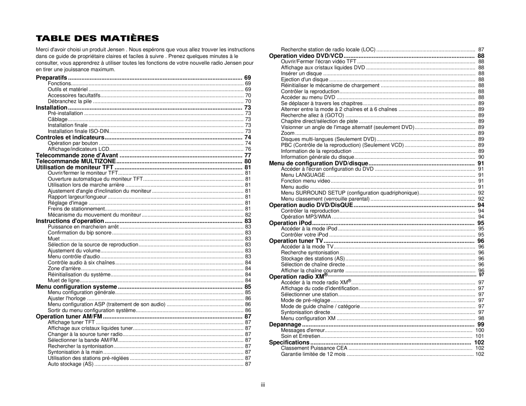 Jensen VM9411 instruction manual Table DES Matières, 102 